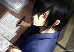 Rule 34 | 1boy, black hair, black shirt, blue jacket, closed mouth, en&#039;en no shouboutai, from above, hair over one eye, holding, holding pen, jacket, long sleeves, looking at viewer, male focus, paper, paper stack, pen, red eyes, shinmon benimaru, shirt, sitting, solo, symbol-shaped pupils, table, tatami, upper body, yuki (kabeuchiyk)