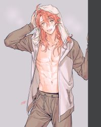 Rule 34 | 1boy, abs, ahoge, blush, fate/grand order, fate (series), green eyes, hair down, hood, hoodie, jacket, long hair, male focus, navel, nipples, open clothes, open jacket, pectorals, pink hair, romani archaman, simple background, smile, solo, toned, toned male, topless male, towel, towel on head, twitter username, wet, wet hair
