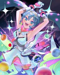 Rule 34 | 1girl, armpits, arms up, blue eyes, blue hair, blush, commentary, diffraction spikes, earth (planet), full body, gloves, hair between eyes, hatsune miku, jumping, long hair, looking at viewer, open mouth, planet, ringlets, skirt, solar system, solo, swept bangs, thighhighs, twintails, vocaloid, white gloves, white skirt, white thighhighs, yooki (winter cakes)