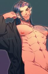 Rule 34 | 1boy, abs, arm tattoo, bara, bare pectorals, black hair, black kimono, chest tattoo, closed mouth, facial hair, hanzo (overwatch), japanese clothes, kimono, large pectorals, long hair, looking at viewer, male focus, male pubic hair, muscular, muscular male, navel, nipples, nkraae, open clothes, open kimono, overwatch, overwatch 2, pectorals, pubic hair, simple background, solo, tattoo, wide sleeves