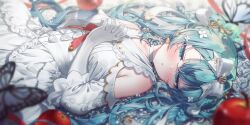 Rule 34 | 1girl, apple, bad link, bare shoulders, blue eyes, blue hair, blush, bug, butterfly, food, fruit, gloves, hair ribbon, hatsune miku, highres, insect, jewelry, kirisaki shuusei, long hair, looking at viewer, ribbon, solo, twintails, upper body, very long hair, vocaloid