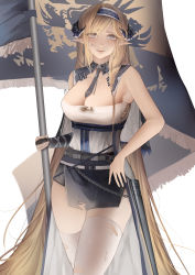 Rule 34 | 1girl, absurdres, arknights, arm strap, bare arms, bare shoulders, blonde hair, blue eyes, blue hairband, breasts, chain, cleavage, commentary, cowboy shot, flag, gloves, hairband, highres, holding, holding flag, horns, kingdom of victoria logo, large breasts, long hair, looking at viewer, microskirt, necktie, parted lips, pointy ears, saileach (arknights), shirt, simple background, single glove, skirt, solo, standing, strapless, strapless shirt, thighhighs, thighs, torn clothes, torn thighhighs, very long hair, white background, white shirt, white thighhighs, zhi wozi