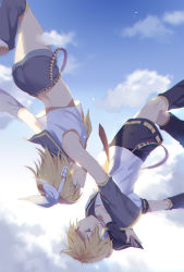 Rule 34 | 1boy, 1girl, bare shoulders, bass clef, black collar, black shorts, blonde hair, blue eyes, blue sky, bow, brother and sister, cloud, collar, commentary, crop top, day, detached sleeves, falling, grey collar, grey shorts, hair bow, hair ornament, hairclip, headphones, headset, highres, hmniao, kagamine len, kagamine rin, leg warmers, looking at another, nail polish, neckerchief, necktie, outstretched arm, sailor collar, school uniform, shirt, short hair, short ponytail, short shorts, short sleeves, shorts, siblings, sidelighting, sky, star (sky), swept bangs, twins, upside-down, vocaloid, white bow, white shirt, yellow nails, yellow neckerchief