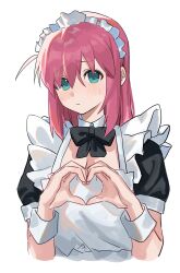 Rule 34 | 1girl, absurdres, apron, black dress, blue eyes, blush, bocchi the rock!, breasts, cleavage, closed mouth, commentary, dress, english commentary, gotoh hitori, heart, heart hands, highres, jia ma, long hair, looking at viewer, maid, maid apron, maid headdress, medium breasts, pink hair, puffy sleeves, simple background, solo, sweatdrop, upper body, white apron, white background, wrist cuffs