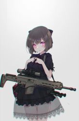 Rule 34 | 1girl, absurdres, ak5, bag, black bow, black dress, blush, bow, brown eyes, character request, chromatic aberration, commentary request, dress, frilled dress, frills, girls&#039; frontline, grey background, gun, hair between eyes, hair bow, hands up, highres, looking at viewer, oota youjo, parted lips, pink eyes, puffy short sleeves, puffy sleeves, purple bow, scope, see-through, short sleeves, shoulder bag, simple background, solo, thigh gap, weapon, weapon request