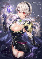 Rule 34 | 1girl, armor, artist name, black armor, black gloves, breasts, cape, cleavage, commentary, corrin (female) (fire emblem), corrin (female) (nohr noble) (fire emblem), corrin (fire emblem), elbow gloves, fire emblem, fire emblem fates, fire emblem heroes, gloves, hairband, haru (nakajou-28), highres, long hair, looking at viewer, medium breasts, nintendo, pointy ears, red eyes, solo, stone, torn cape, torn clothes, white hair