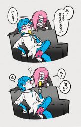 Rule 34 | blue eyes, blue hair, bridal gauntlets, couch, food, ghiaccio, highres, jojo no kimyou na bouken, male focus, melone, pink hair, popsicle, sameyama jiro, shoes, sitting, sneakers, translation request, vento aureo