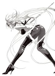 Rule 34 | 1girl, astharoshe asran, boots, breasts, cleavage, high heel boots, high heels, long hair, monochrome, polearm, solo, spear, thigh boots, thighhighs, trinity blood, very long hair, weapon