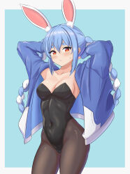 Rule 34 | 1girl, absurdres, animal ears, arms up, black leotard, black pantyhose, blue background, blue hair, blue jacket, blush, border, braid, breasts, cleavage, closed mouth, collarbone, covered navel, cowboy shot, hair between eyes, highres, hololive, hololive fantasy, jacket, kurofuro, leotard, looking at viewer, medium breasts, multicolored hair, orange eyes, pantyhose, playboy bunny, rabbit-shaped pupils, rabbit ears, simple background, solo, standing, symbol-shaped pupils, twin braids, two-tone hair, usada pekora, virtual youtuber, white border, white hair