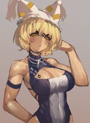 Rule 34 | 1girl, animal ears, bare shoulders, blonde hair, breast tattoo, breasts, cleavage, cleavage cutout, closed mouth, clothing cutout, colored sclera, fox ears, fox girl, highres, large breasts, leotard, looking at viewer, muscular, muscular female, purple leotard, short hair, solo, tattoo, tomatolover16, touhou, upper body, yakumo ran, yellow eyes