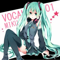 Rule 34 | 1girl, aqua eyes, aqua hair, arm support, bad id, bad pixiv id, boots, detached sleeves, hatsune miku, headphones, kouko, long hair, necktie, ryouka (nm0407), sitting, skirt, solo, thigh boots, thighhighs, twintails, very long hair, vocaloid
