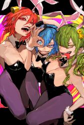 Rule 34 | animal ears, blue hair, blunt bangs, breasts, cleavage, fake animal ears, green hair, grin, highres, large breasts, leotard, lips, looking at viewer, mouth pull, original, pantyhose, playboy bunny, red eyes, sharp teeth, small breasts, smile, teeth, tongue, tongue out, unrefle