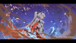 Rule 34 | 1girl, :o, antenna hair, armor, bare shoulders, blue eyes, blue fire, boots, earrings, fire, flaming sword, flaming weapon, gauntlets, hair between eyes, hair ornament, highres, holding, holding sword, holding weapon, honkai (series), honkai impact 3rd, jewelry, kiana kaslana, kiana kaslana (herrscher of flamescion), lantian lanz, letterboxed, long hair, open mouth, ponytail, rubble, solo, sword, thigh boots, thighhighs, weapon, white footwear, white hair