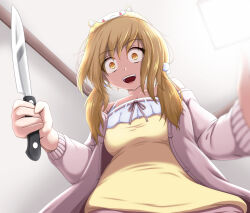 Rule 34 | 1girl, :d, blonde hair, breasts, cardigan, cleavage, commentary request, constricted pupils, cowboy shot, crazy eyes, dress, from below, hair between eyes, holding, holding knife, inaba haneru (animare), indoors, kemunpasu (keeen), knife, long hair, long sleeves, looking at viewer, looking down, medium bangs, medium breasts, nanashi inc., neck ribbon, open cardigan, open clothes, open mouth, pink sweater, ribbon, sidelocks, smile, solo, sweater, teeth, upper teeth only, virtual youtuber, yellow dress, yellow eyes
