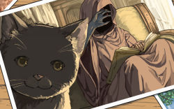 Rule 34 | 1girl, animal, armchair, bad id, bad pixiv id, black cat, black cat (elona), book, cat, chair, cloak, close-up, colored sclera, covering face, covering own mouth, curtains, dutch angle, elona, exile (elona), harusame (rueken), hood, hooded cloak, indoors, looking at viewer, open book, photo (object), red eyes, shaded face, sitting, slit pupils, solo, tagging in progress, third eye, whiskers, yellow sclera