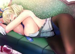 Rule 34 | 1girl, adapted costume, animal ears, armpits, blonde hair, blue eyes, blue necktie, blush, braid, breasts, colorado (kancolle), corset, couch, cup, drinking glass, fake animal ears, french braid, gin&#039;ichi (akacia), gloves, indoors, kantai collection, large breasts, leotard, looking at viewer, lying, necktie, neckwear between breasts, on couch, on side, one eye closed, open mouth, pantyhose, playboy bunny, rabbit ears, short hair, sideboob, solo, spill, suggestive fluid, white gloves, wine glass