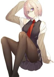 Rule 34 | 1girl, alternate costume, arm support, bad id, bad pixiv id, bare shoulders, black-framed eyewear, black pantyhose, black shirt, black skirt, breasts, closed mouth, collared dress, collared shirt, dress, ellenprince181, fate/grand order, fate (series), glasses, hair between eyes, hair ornament, hair over one eye, hand on own head, hand up, hood, hood down, hooded jacket, hoodie, jacket, long sleeves, looking at viewer, mash kyrielight, medium breasts, necktie, off shoulder, open clothes, open hoodie, pantyhose, pink hair, pleated skirt, ponytail, purple eyes, purple hair, red necktie, shiny clothes, shirt, short hair, simple background, sitting, skirt, sleeveless, sleeveless shirt, sleeves past wrists, smile, solo, upper body, white background, wing collar