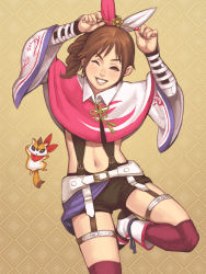 Rule 34 | 1girl, ;d, animal, bad id, bad pixiv id, brown eyes, brown hair, capelet, cowboy shot, earrings, flat chest, garter straps, grin, hair ornament, hair over shoulder, hair ribbon, hair stick, jewelry, kunoichi (sengoku musou), lips, maou alba, navel, one eye closed, open mouth, over-kneehighs, purple thighhighs, ribbon, sengoku musou, shorts, side ponytail, smile, solo, suspenders, thigh strap, thighhighs, wide sleeves
