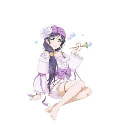 Rule 34 | 10s, 1girl, aqua eyes, barefoot, blowing bubbles, feet, full body, hair over shoulder, instrument, long hair, long sleeves, looking at viewer, love live!, love live! school idol festival, love live! school idol project, low-tied long hair, official art, purple ribbon, ribbon, smile, solo, thighlet, toes, tojo nozomi, transparent background, trumpet