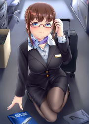 Rule 34 | 1girl, absurdres, black pantyhose, black skirt, blue eyes, blue neckwear, book, breasts, chair, earrings, flight attendant, glasses, hand up, highres, indoors, jewelry, large breasts, long sleeves, looking at viewer, luggage, name tag, nuppa, original, pantyhose, pencil skirt, red-framed eyewear, rolling suitcase, sidelocks, skirt, smile, solo, squatting, suitcase, trash can, travel attendant