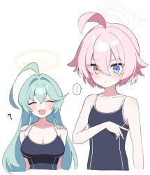 Rule 34 | ..., 2girls, ?, ahoge, blue archive, blue eyes, breast conscious, flat chest, green hair, halo, heterochromia, highres, hoshino (blue archive), hoshino (young) (blue archive), long hair, multiple girls, murase48, one-piece swimsuit, open mouth, pink hair, simple background, spoken ellipsis, swimsuit, white background, white halo, yellow eyes, yellow halo, yume (blue archive)