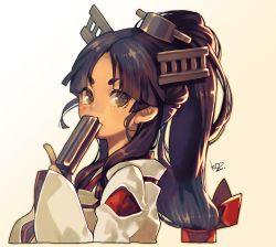 Rule 34 | 1girl, black hair, gradient background, hair ribbon, headgear, high ponytail, highres, holding, japanese clothes, kantai collection, kuzuno ha, long hair, long sleeves, miko, multi-tied hair, nisshin (kancolle), ponytail, ribbon, short eyebrows, sidelocks, signature, simple background, solo, upper body, yellow background, yellow eyes