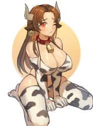 1girl, 2021, animal ears, animal print, bell, bikini, breasts, brown hair, chinese zodiac, cleavage, closed mouth, collarbone, cow ears, cow girl, cow horns, cow print, cowbell, elbow gloves, gloves, highres, horns, large breasts, long hair, mole, mole under eye, neck bell, new year, one eye closed, orange eyes, original, print bikini, print gloves, print legwear, sitting, skindentation, solo, sookmo, swimsuit, thighhighs, wariza, year of the ox