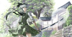 Rule 34 | 1girl, arm at side, blue eyes, bow, bush, collared shirt, day, expressionless, green skirt, green vest, hair bow, holding, holding sword, holding weapon, konpaku youmu, konpaku youmu (ghost), long sleeves, moss, naka (kametsuru), ribbon, shirt, silver hair, skirt, skirt set, sleeves rolled up, solo, stairs, stone wall, sword, thighs, touhou, tree, vest, wall, weapon, white shirt, wind