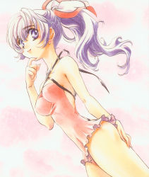 Rule 34 | 00s, 1girl, bare shoulders, casual one-piece swimsuit, duplicate, dutch angle, frilled swimsuit, frills, full metal panic!, halterneck, hand on own chin, highleg, highleg swimsuit, highres, long hair, one-piece swimsuit, ponytail, purple eyes, purple hair, ribbon, shikidouji, smile, solo, stroking own chin, swimsuit, teletha testarossa