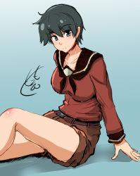 Rule 34 | 1girl, arm support, bare legs, belt, blush, body blush, breasts, brown shorts, closed mouth, commentary request, grey eyes, grey hair, high-waist shorts, high belt, kantai collection, knee up, large breasts, leaning forward, long legs, long sleeves, looking at viewer, mogami (kancolle), neckerchief, nokishita kumoemon, red neckerchief, red sailor collar, red shirt, sailor collar, sailor shirt, shirt, shirt tucked in, short hair, short shorts, shorts, signature, sketch, smile, solo, very short hair