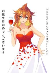 Rule 34 | 1girl, bare shoulders, black clover, blonde hair, blue eyes, breasts, brown hair, character name, cleavage, collarbone, cup, dress, drinking glass, eyeshadow, hair between eyes, hand on own hip, highres, holding, holding cup, killibrew, large breasts, makeup, medium hair, mereoleona vermillion, multicolored hair, red dress, red wine, short eyebrows, solo, strapless, strapless dress, two-tone dress, two-tone hair, white background, white dress, wine glass