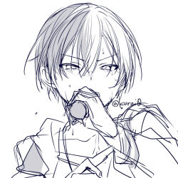 Rule 34 | 1boy, aoyagi touya, collarbone, greyscale, hair between eyes, hand up, holding, holding microphone, jacket, kuroi (liar-player), male focus, microphone, mole, mole under eye, monochrome, multicolored hair, open clothes, open jacket, project sekai, shirt, simple background, sketch, solo, sweat, twitter username, two-tone hair, upper body, v-shaped eyebrows, white background
