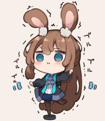 Rule 34 | 1girl, :i, amiya (arknights), animal ear fluff, animal ears, arknights, beni shake, black footwear, black jacket, blouse, blue eyes, blue skirt, blush, brown hair, brown pantyhose, center frills, closed mouth, commentary request, frills, hair between eyes, jacket, long hair, long sleeves, open clothes, open jacket, pantyhose, pleated skirt, puffy long sleeves, puffy sleeves, rabbit ears, shirt, shoes, skirt, sleeves past wrists, solo, standing, standing on one leg, trembling, very long hair, white shirt