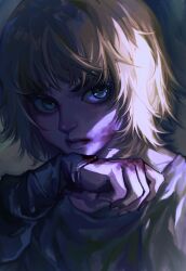 Rule 34 | 1girl, abstract background, absurdres, blonde hair, blood, blood on face, blood on hands, bufulaizhan331, chinese commentary, collarbone, commentary request, dark, green eyes, hand up, highres, lips, looking at viewer, lord of the mysteries, nail, shaded face, shadow, shirt, short hair, solo, white shirt, xio derecha