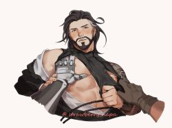 Rule 34 | 2boys, abs, bad id, bad twitter id, bara, beard, black hair, brown hair, cassidy (overwatch), commentary, facial hair, gloves, hanzo (overwatch), inverted nipples, japanese clothes, large pectorals, long hair, male focus, mature male, multicolored hair, multiple boys, overwatch, overwatch 1, pectorals, pov, pov hands, strawberry napa, tattoo, tearing clothes, torn clothes, underpec, yaoi
