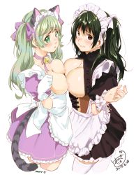 Rule 34 | 2girls, :&lt;, animal ears, apron, asymmetrical docking, bad id, bad twitter id, black hair, blush, breast press, breasts, breasts out, brown eyes, cat ears, cat tail, corset, cropped legs, dated, gloves, green eyes, green hair, highres, kamiyama aya, large breasts, long hair, looking at viewer, maid, maid apron, maid headdress, multiple girls, ponytail, signature, simple background, smile, tail, waist apron, white background, white gloves, wrist cuffs