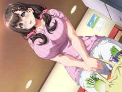 Rule 34 | 1girl, bag, blush, breasts, breasts squeezed together, brown hair, calendar, eyebrows hidden by hair, feet out of frame, female focus, food, from below, green eyes, groin, hahaoya no netorare douga wo mite shimatta boku wa..., hair between eyes, happy, highres, hokkyoku hotaru, holding, holding bag, huge breasts, indoors, jewelry, legs, long hair, looking at viewer, open mouth, original, ring, smile, solo, standing, table, thighs, twintails, vegetable, wedding band
