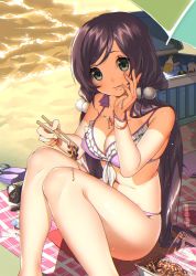 Rule 34 | beach, beef, blush, chopsticks, cooler, food, highres, itohana, long hair, looking at viewer, love live!, love live! school idol project, low-tied long hair, parasol, rice, sand, sandals, unworn sandals, solo, swimsuit, tongue, tongue out, tojo nozomi, umbrella, water
