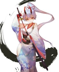 Rule 34 | 1girl, adapted costume, bow, breasts, cleavage, collarbone, fate/grand order, fate (series), fingerless gloves, floral print, gloves, hair between eyes, hair bow, hair ribbon, head tilt, highres, hip vent, holding, holding sword, holding weapon, horns, japanese clothes, katana, kimono, purple kimono, light smile, long hair, looking at viewer, medium breasts, mitsudomoe (shape), obi, oni horns, print kimono, red eyes, red gloves, red horns, red ribbon, ribbon, sash, scabbard, sheath, silver hair, solo, sword, tomoe (symbol), tomoe gozen (fate), unsheathing, very long hair, weapon, white background, wide sleeves, xj (710209740)