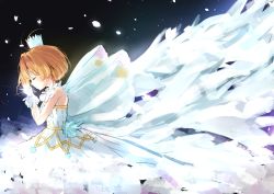 Rule 34 | 1girl, antenna hair, bad id, bad twitter id, bare shoulders, brown hair, cardcaptor sakura, closed eyes, closed mouth, crown, dress, from side, gloves, hands up, highres, kinomoto sakura, minikon, own hands together, petals, solo, white dress, white gloves