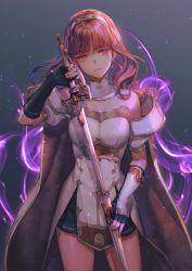 Rule 34 | 1girl, armor, aura, bare shoulders, black gloves, black skirt, blunt bangs, breasts, buttons, cape, celica (fire emblem), corruption, cowboy shot, dark persona, detached collar, diadem, dress, earrings, elbow gloves, fingerless gloves, fire emblem, fire emblem heroes, fujikawa arika, gloves, gold trim, gradient background, highres, holding, holding sword, holding weapon, jewelry, long hair, medium breasts, miniskirt, nintendo, off-shoulder dress, off shoulder, possessed, possession, puffy short sleeves, puffy sleeves, red armor, red cape, red eyes, red hair, shadow, sheath, short sleeves, skirt, solo, sword, thighs, two-tone cape, unsheathing, weapon, white armor, white cape, white dress, wrist guards