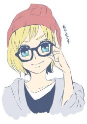 Rule 34 | 1girl, adjusting eyewear, alternate hair length, alternate hairstyle, ayase eli, beanie, blonde hair, blue eyes, collarbone, commentary request, glasses, grey hoodie, hat, head tilt, hood, hoodie, kashikaze, long hair, love live!, love live! school idol project, nanjou yoshino, red hat, shirt, short hair, simple background, smile, solo, translated, upper body, voice actor connection, white background, white shirt