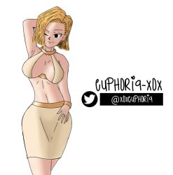 Rule 34 | 1girl, android, android 18, black eyes, blonde hair, bra, breasts, breasts apart, cowboy shot, dragon ball, dragonball z, euphoria-xox, facing viewer, gold, gold ring, looking at viewer, medium breasts, midriff, miniskirt, one eye closed, simple background, skirt, solo, standing, tight skirt, underwear, white background, wink