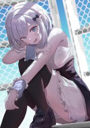 Rule 34 | 1girl, absurdres, bare shoulders, black footwear, black skirt, black thighhighs, blue eyes, blue sky, bow, chain-link fence, cross hair ornament, fence, frilled cuffs, frilled skirt, frills, gate, grey hair, hair bow, hair ornament, high-waist skirt, highres, kaga sumire, leg up, limit (lim no sabuaka), loafers, looking at viewer, lower teeth only, open mouth, ribbed shirt, shirt, shoes, short hair, sitting, skirt, sky, sleeveless, sleeveless shirt, solo, teeth, thighhighs, thighs, tongue, virtual youtuber, vspo!, white shirt, white skirt, wide-eyed, wrist cuffs