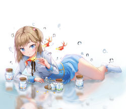 Rule 34 | 1girl, :o, absurdres, bad id, bad pixiv id, black ribbon, blue eyes, blue skirt, blush, brown hair, bubble, commentary request, dress, fish, food-themed hair ornament, full body, goldfish, hair ornament, highres, jar, long sleeves, looking at viewer, luzzi (milllim), lying, medium hair, neck ribbon, no shoes, one side up, original, parted lips, reflection, ribbon, ripples, simple background, skirt, socks, solo, water, white background, white dress, white socks