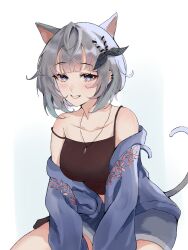 Rule 34 | 1girl, alternate costume, animal ears, black camisole, blue jacket, blunt bangs, bob cut, bow, camisole, cat ears, cat girl, cat tail, collarbone, commentary, gradient background, grey eyes, grey hair, hair bow, highres, hololive, hololive indonesia, indonesian commentary, jacket, jewelry, kemonomimi mode, looking at viewer, necklace, off shoulder, rtyuii7, short hair, short shorts, shorts, smile, solo, spaghetti strap, tail, teeth, vestia zeta, vestia zeta (jirai kei), virtual youtuber