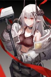 Rule 34 | 1girl, arknights, bandages, bare shoulders, black background, black gloves, breasts, cleavage, closed mouth, collar, collarbone, cowboy shot, earrings, gloves, gradient background, grey background, hair ornament, hammer, highres, holding, holding hammer, holding weapon, horns, infection monitor (arknights), jewelry, large breasts, long sleeves, mudrock (arknights), mudrock (elite ii) (arknights), off shoulder, open clothes, pointy ears, red eyes, sarashi, skydrop, solo, sports bra, weapon