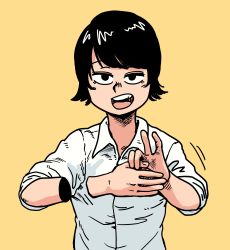 Rule 34 | 1other, :d, absurdres, androgynous, black eyes, black hair, chanta (ayatakaoisii), collared shirt, detachable thumb, failure, highres, looking at viewer, magic trick, open mouth, original, sanpaku, shirt, short hair, simple background, smile, solo, upper body, white shirt, wing collar, yellow background, you&#039;re doing it wrong