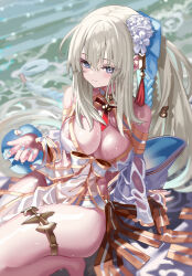 Rule 34 | 1girl, bare shoulders, bikini, blue eyes, blue hair, braid, breasts, cleavage, detached sleeves, fate/grand order, fate (series), flower, french braid, gold trim, hair flower, hair ornament, hair ribbon, large breasts, long hair, looking at viewer, morgan le fay (fate), morgan le fay (water princess) (fate), multicolored hair, ponytail, ribbon, shino (eefy), shore, sidelocks, smile, solo, swimsuit, thighlet, thighs, twin braids, very long hair, wet, white bikini, white hair