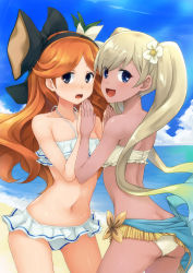 Rule 34 | 10s, 2girls, alternate costume, ass, beach, black ribbon, blonde hair, blue eyes, blush, bow, butt crack, cloud, cloudy sky, colored eyelashes, crop top, dark-skinned female, dark skin, day, embarrassed, flower, frilled skirt, frills, from behind, granblue fantasy, hair between eyes, hair bow, hair flower, hair ornament, hair ribbon, hairband, halterneck, highres, io (granblue fantasy), long hair, looking at viewer, midriff, multiple girls, navel, ocean, open mouth, orange hair, outdoors, own hands clasped, own hands together, ribbon, sara (granblue fantasy), sarong, skirt, sky, sorano (12gou), stomach, thighs, twintails, wavy hair, wavy mouth